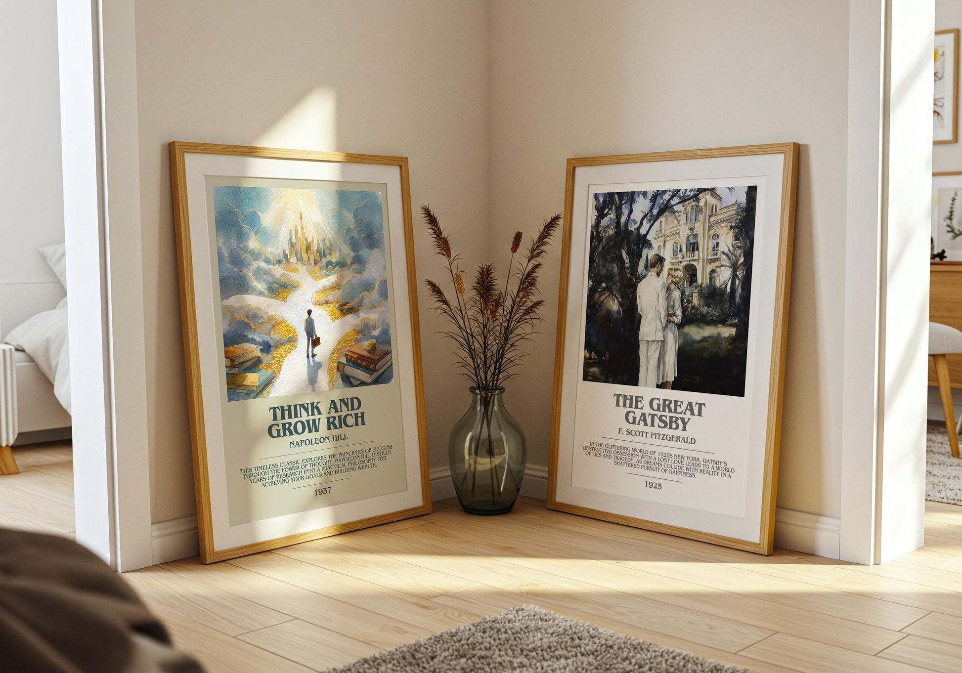 Think and Grow Rich bookish print on bookshelf – Napoleon Hill fan gift