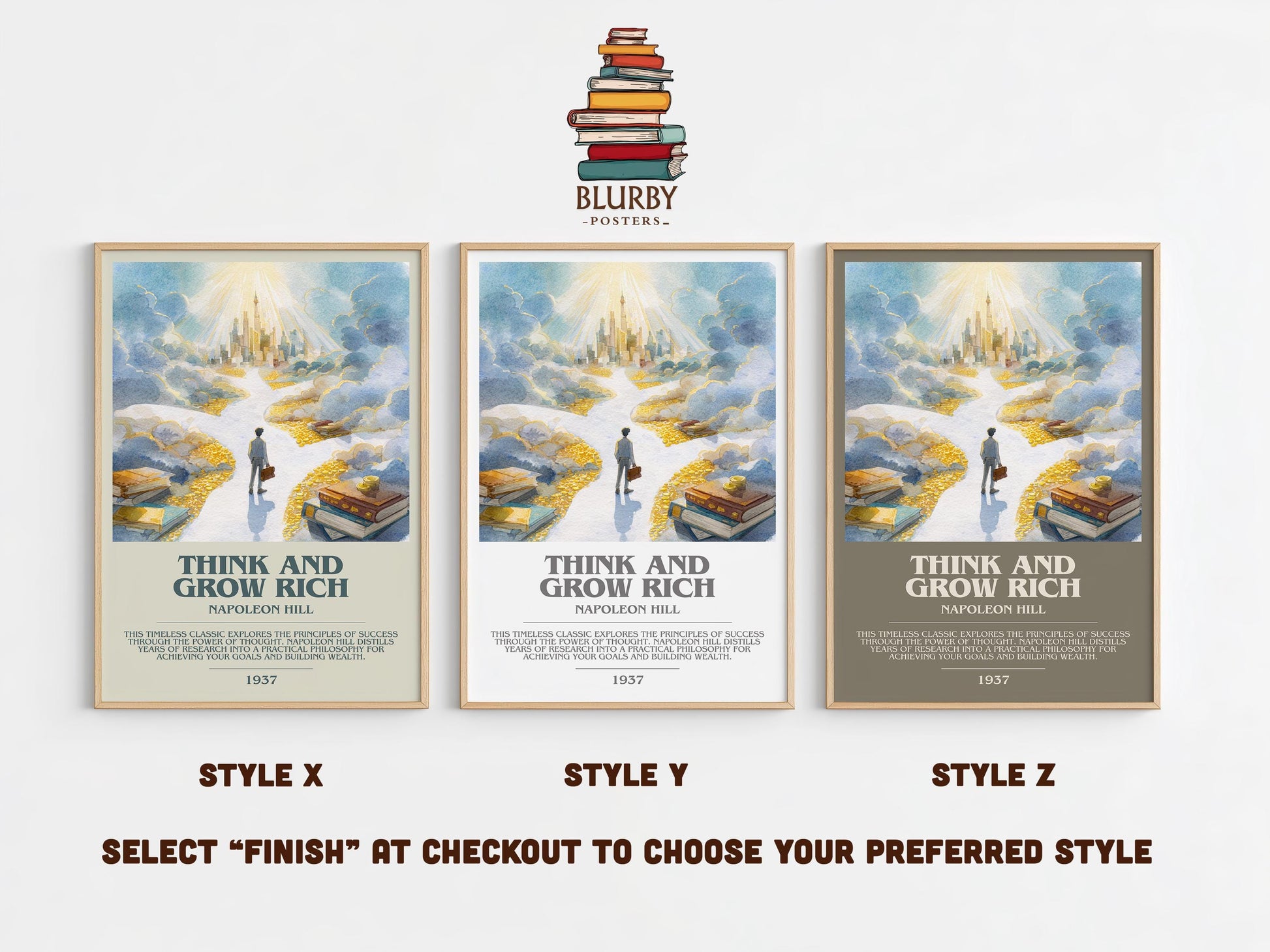 Think and Grow Rich bookish poster colour and style options – Napoleon Hill book art