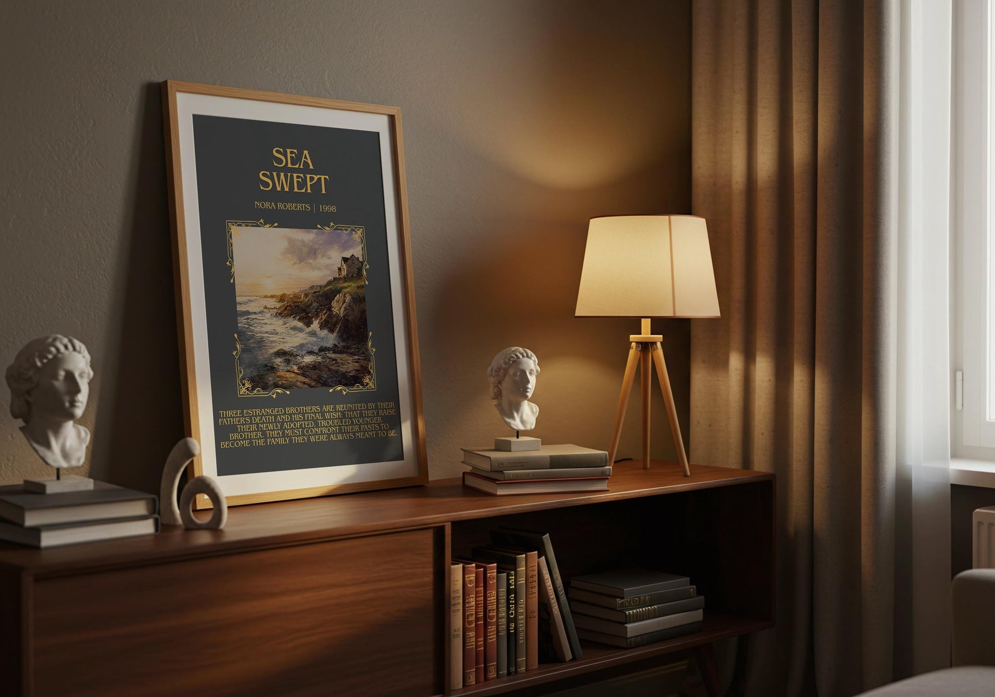 Sea Swept minimalist print on bookshelf – Nora Roberts fan gift