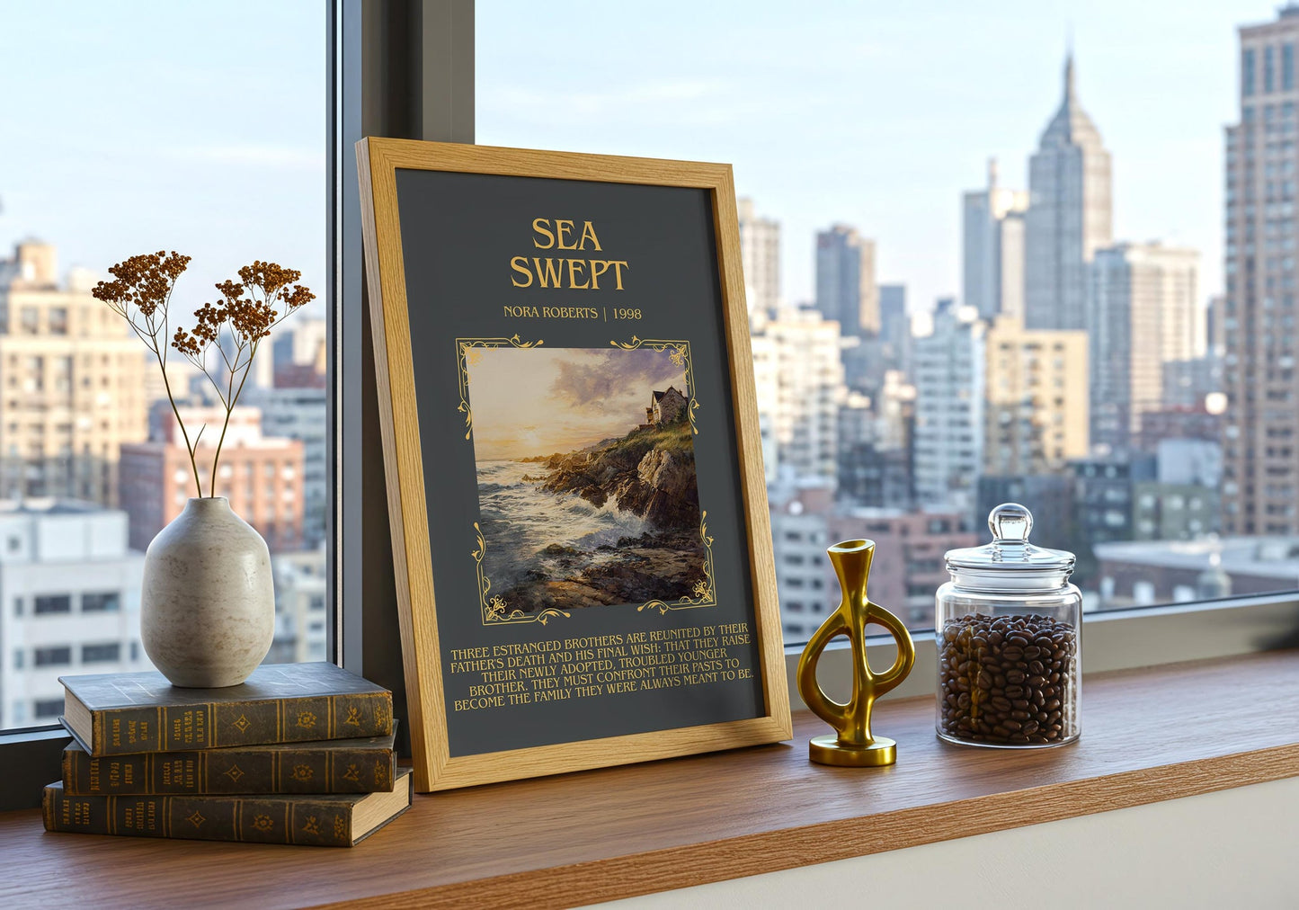 Sea Swept minimalist print framed by window – literary home decor