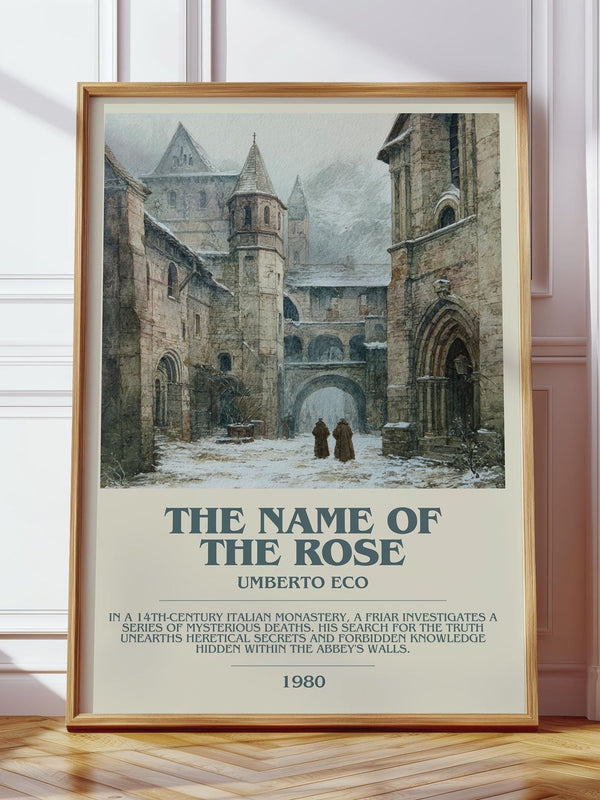 The Name of the Rose bookish print in frame leaning in hallway – historical fiction wall art
