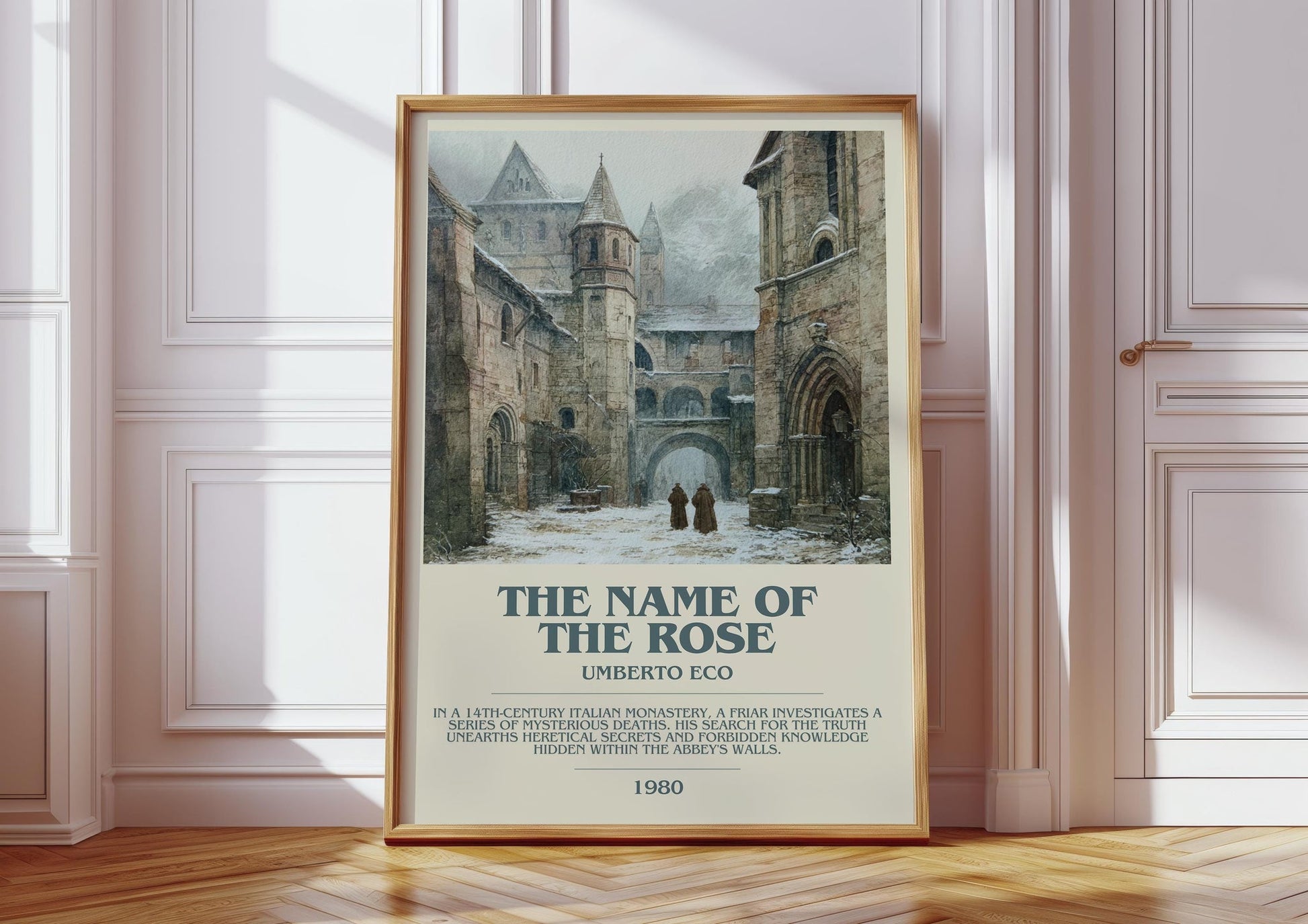 The Name of the Rose bookish print in frame leaning in hallway – historical fiction wall art