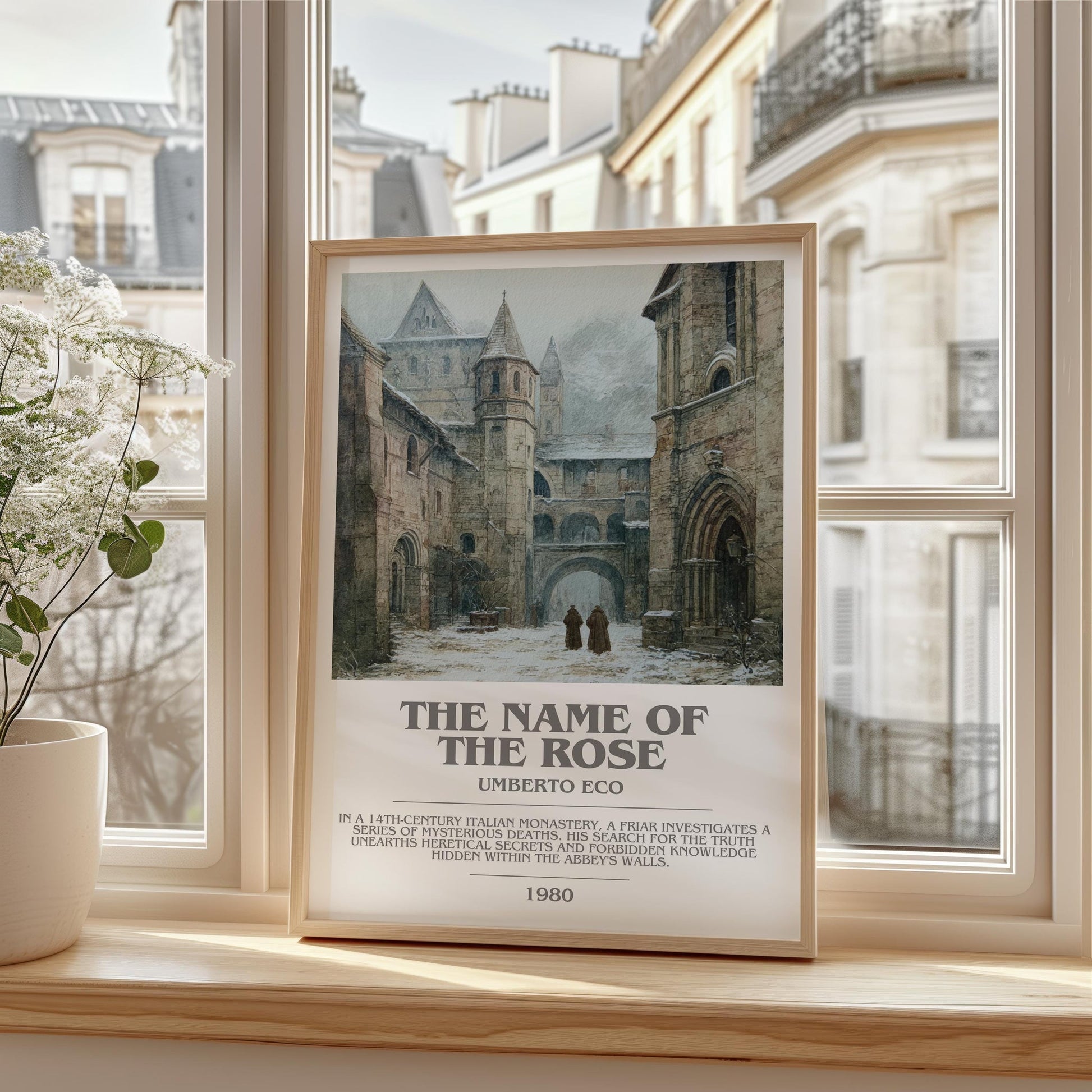 The Name of the Rose bookish print framed by window – literary home decor