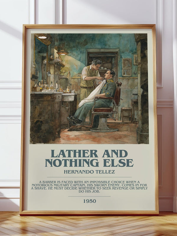 Lather And Nothing Else bookish print in frame leaning in hallway – classic literature wall art