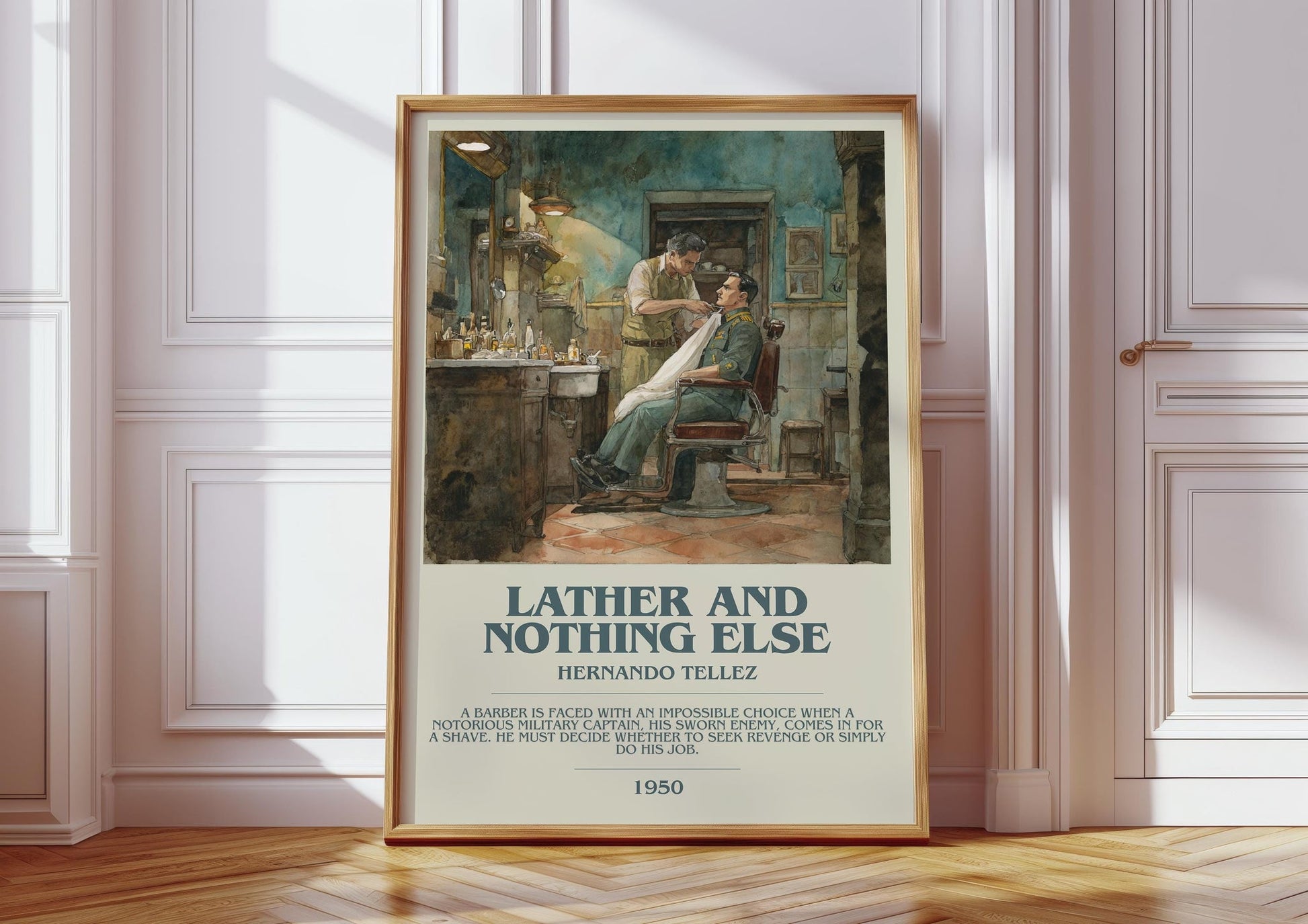 Lather And Nothing Else bookish print in frame leaning in hallway – classic literature wall art