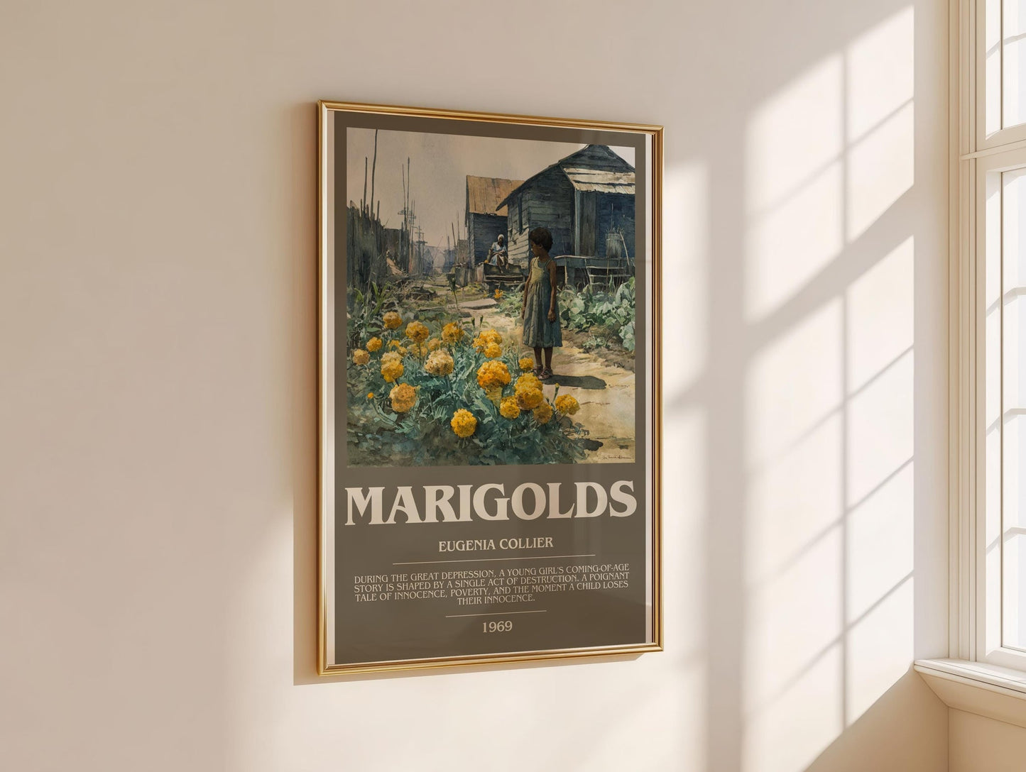 Marigolds bookish book poster framed on wall – literary fiction wall art