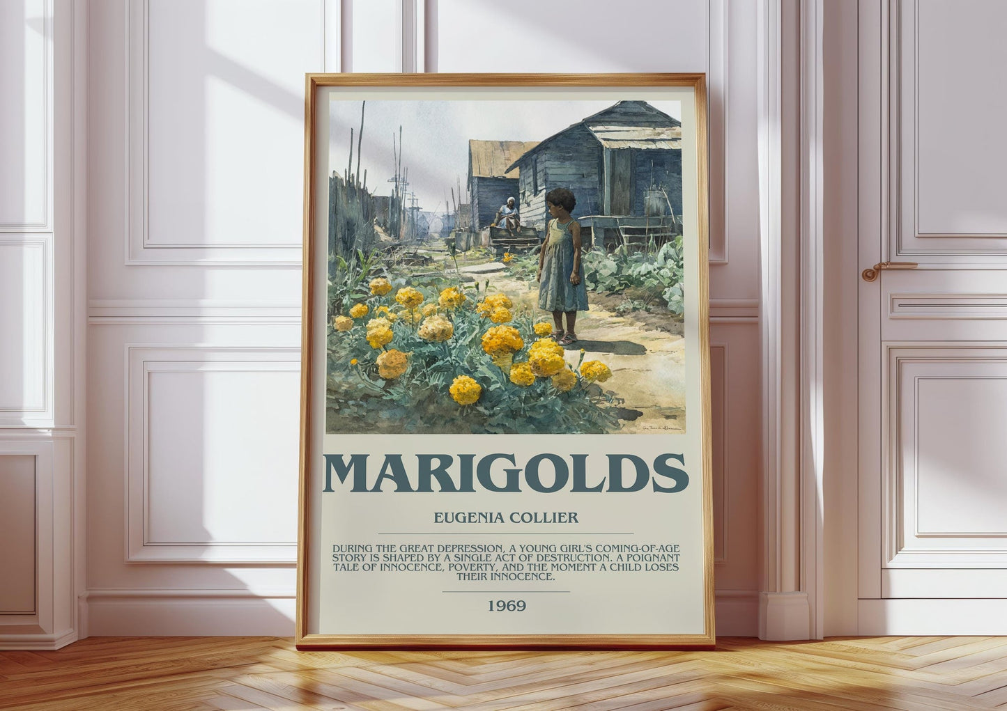 Marigolds bookish print in frame leaning in hallway – literary fiction wall art