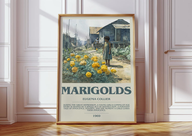 Marigolds bookish print in frame leaning in hallway – literary fiction wall art