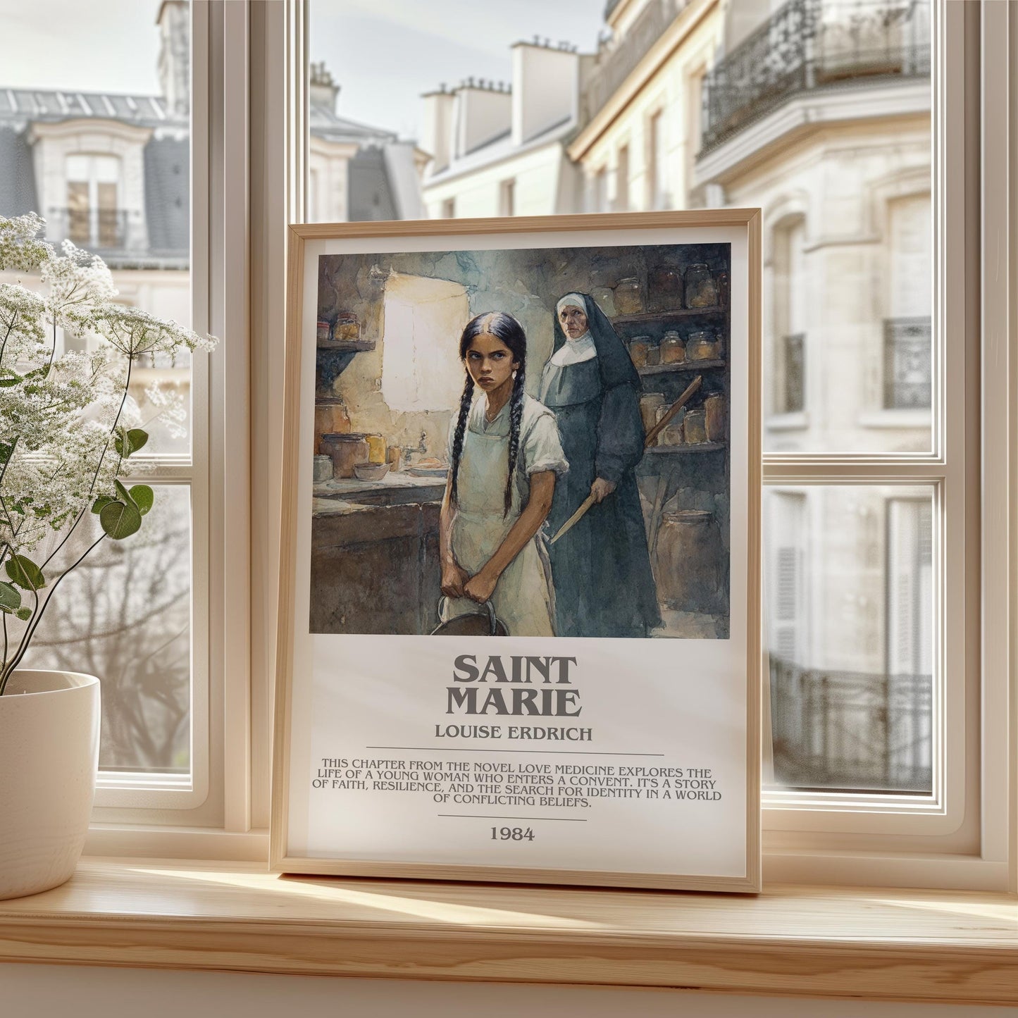 Saint Marie bookish print framed by window – literary home decor