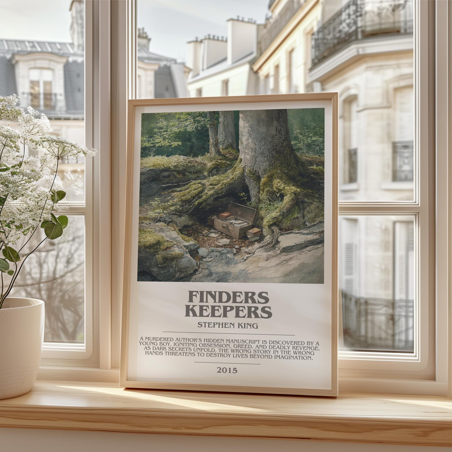 Finders Keepers bookish print framed by window – literary home decor