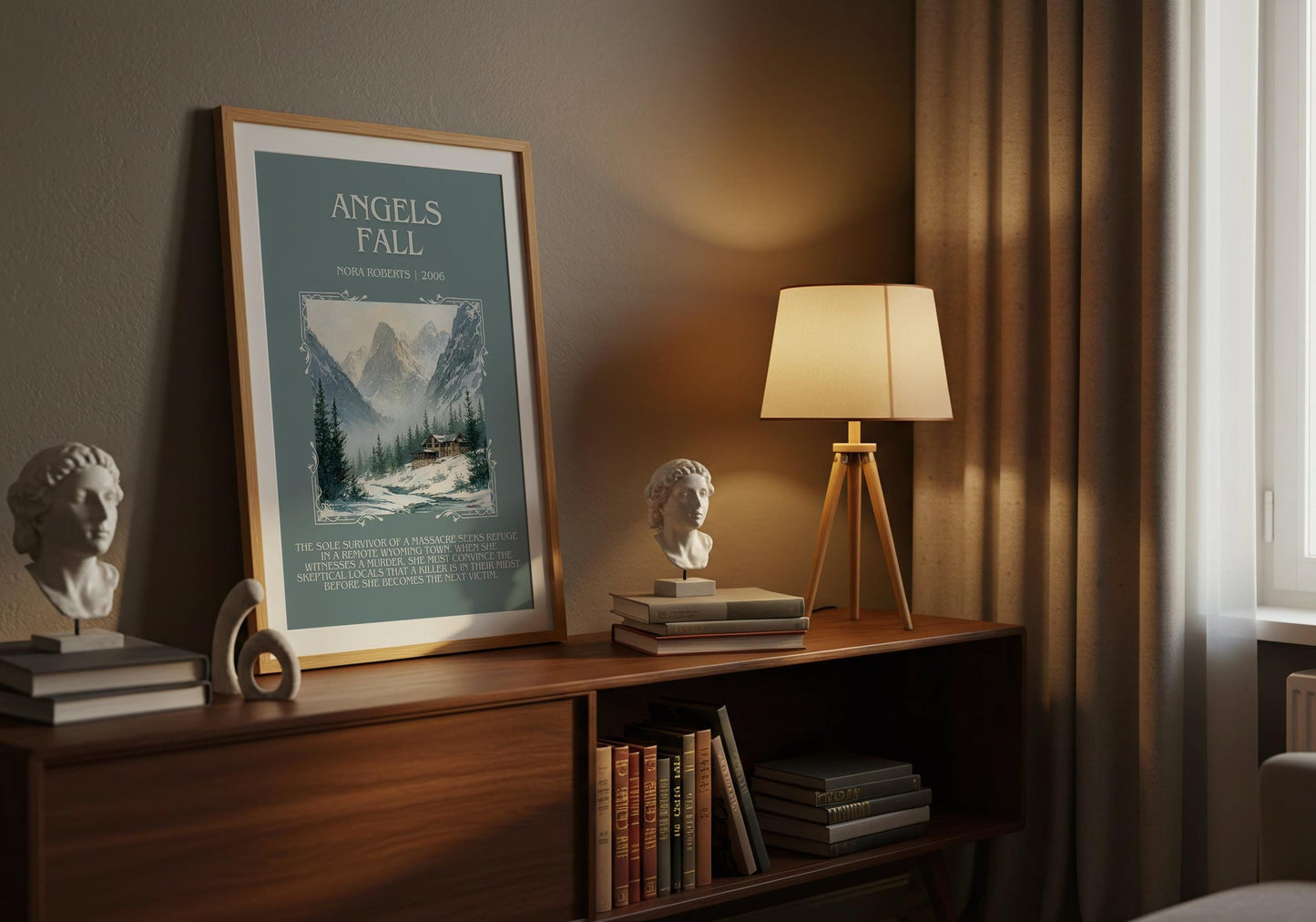 Angels Fall minimalist print on bookshelf – Nora Roberts fan gift