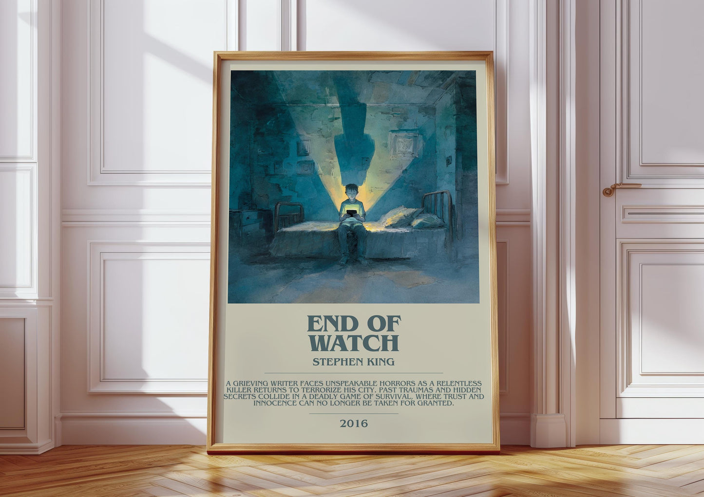 End of Watch bookish print in frame leaning in hallway – horror wall art