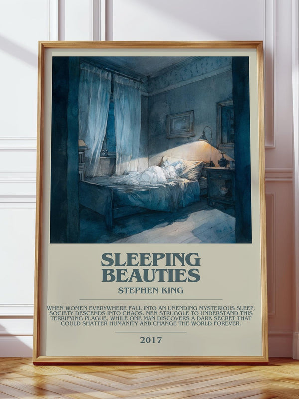 Sleeping Beauties bookish print in frame leaning in hallway – horror wall art