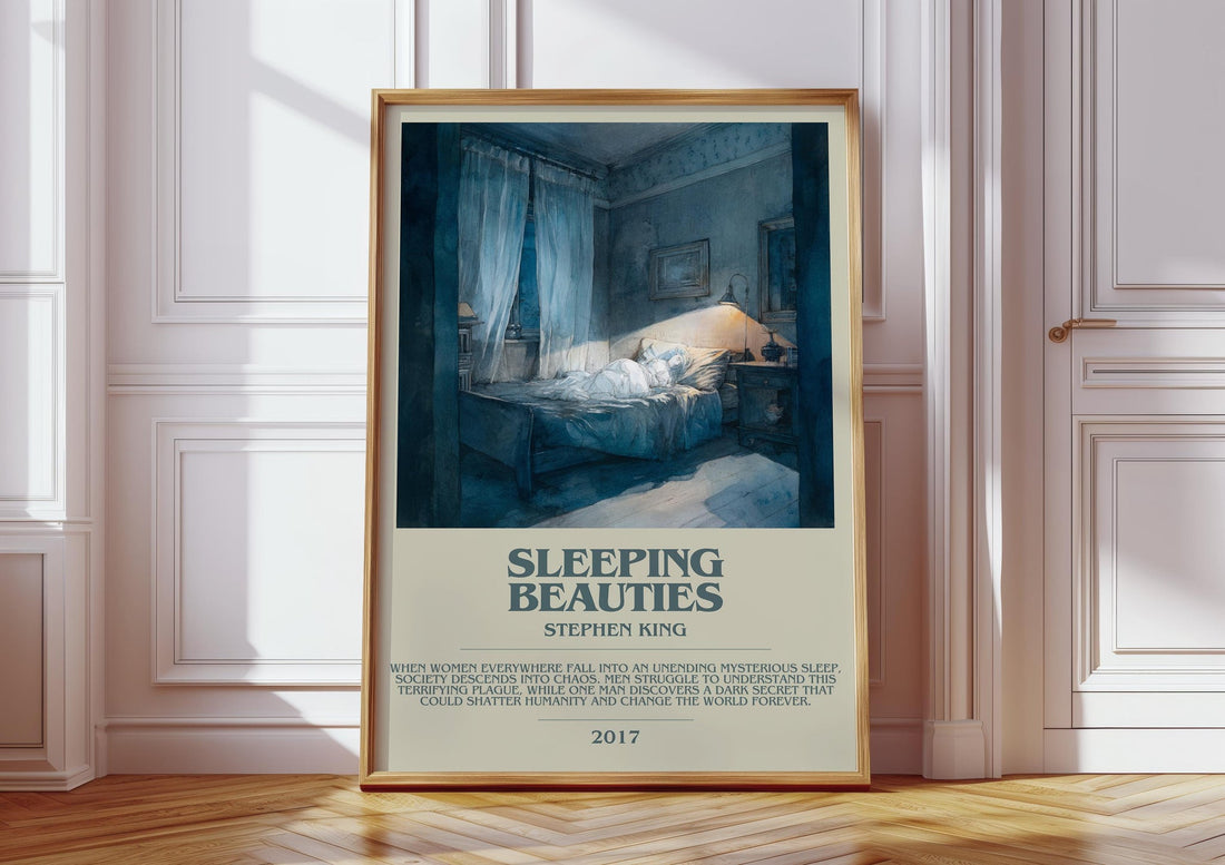 Sleeping Beauties bookish print in frame leaning in hallway – horror wall art (mockup)