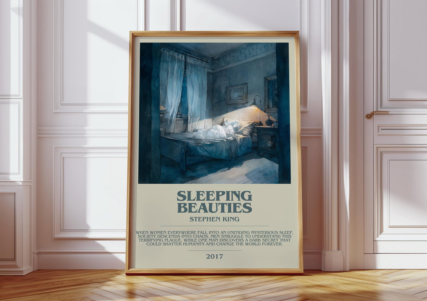 Sleeping Beauties bookish print in frame leaning in hallway – horror wall art
