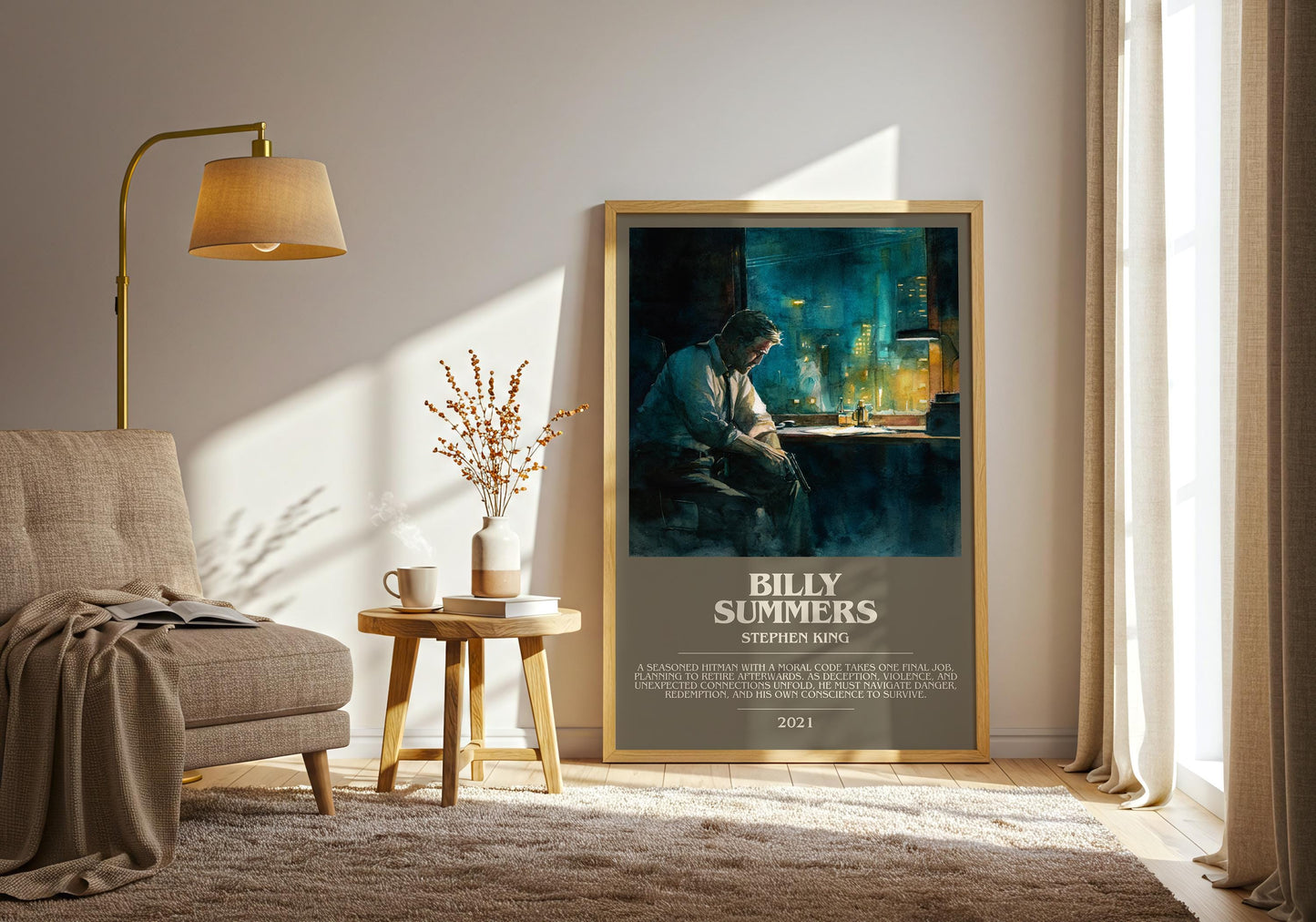 Billy Summers bookish print on bookshelf – Stephen King fan gift