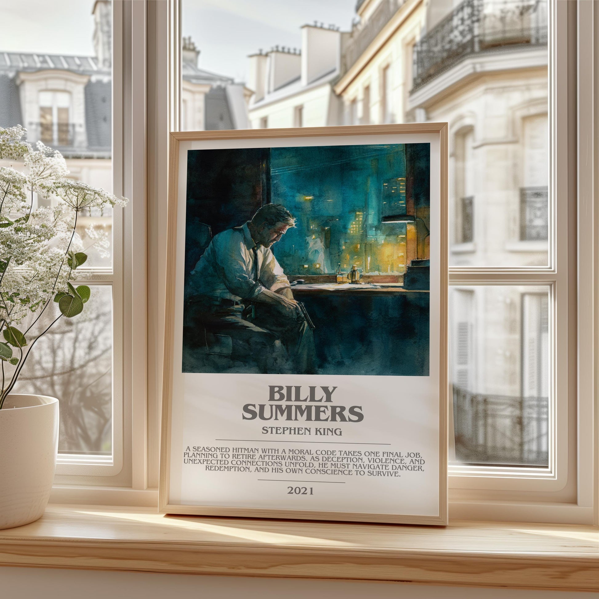 Billy Summers bookish print framed by window – literary home decor