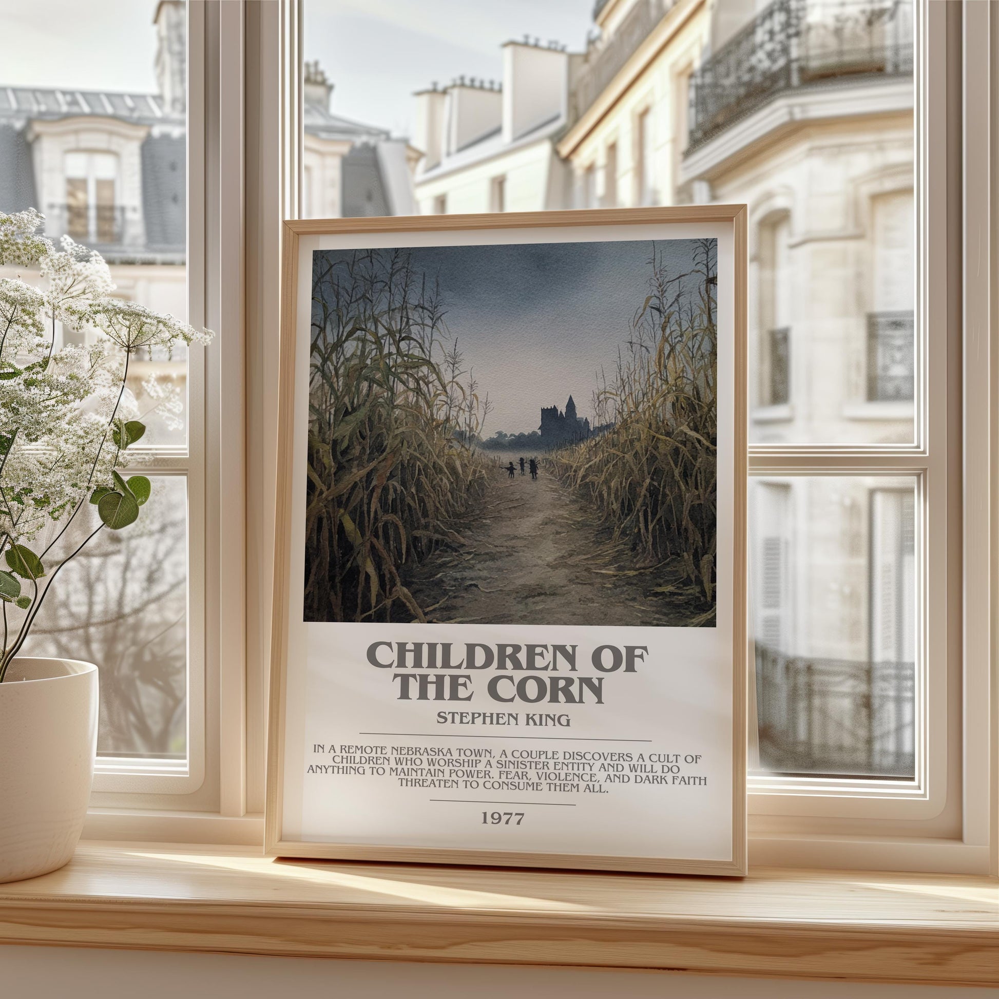 Children of the Corn bookish print framed by window – literary home decor