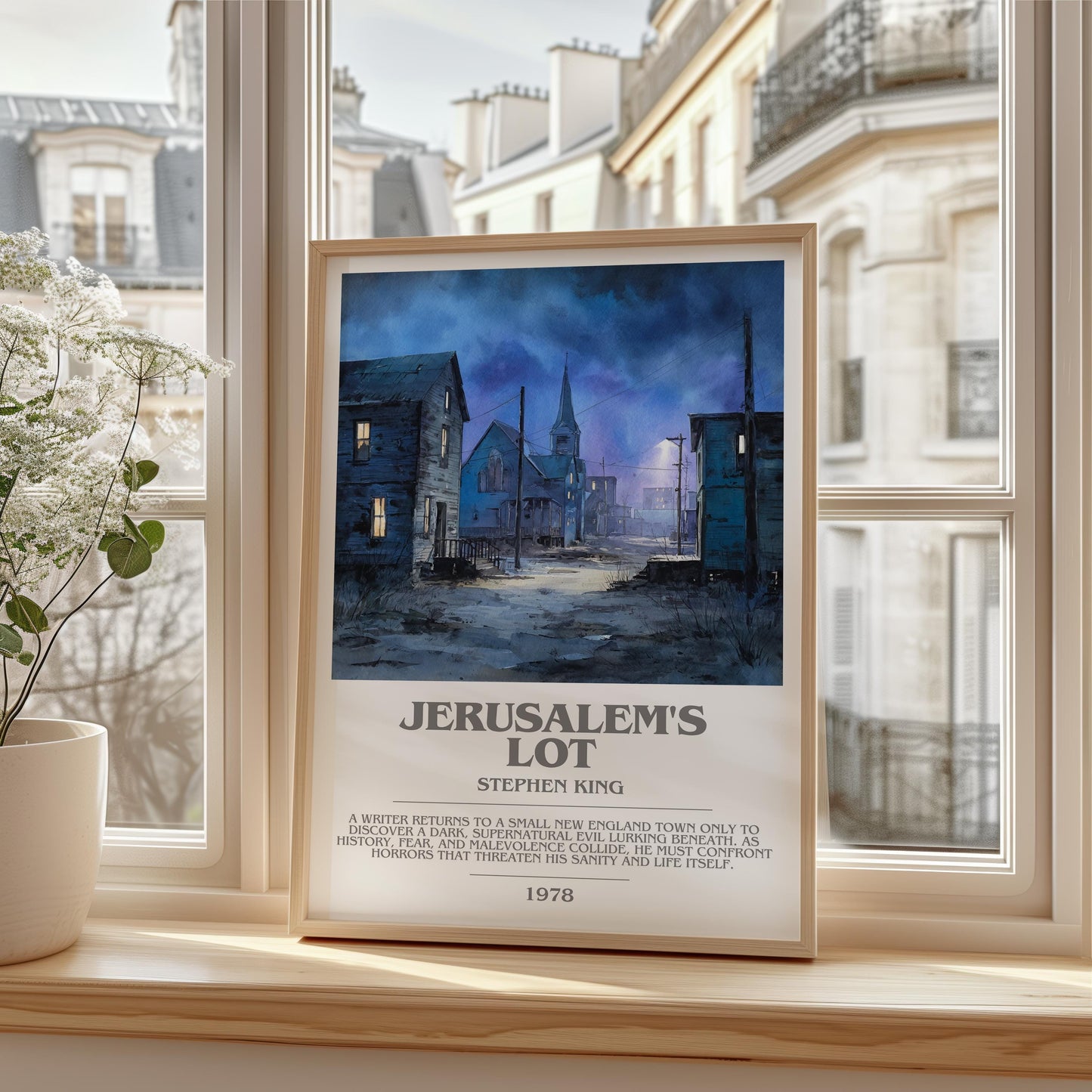 Jerusalem's Lot bookish print framed by window – literary home decor