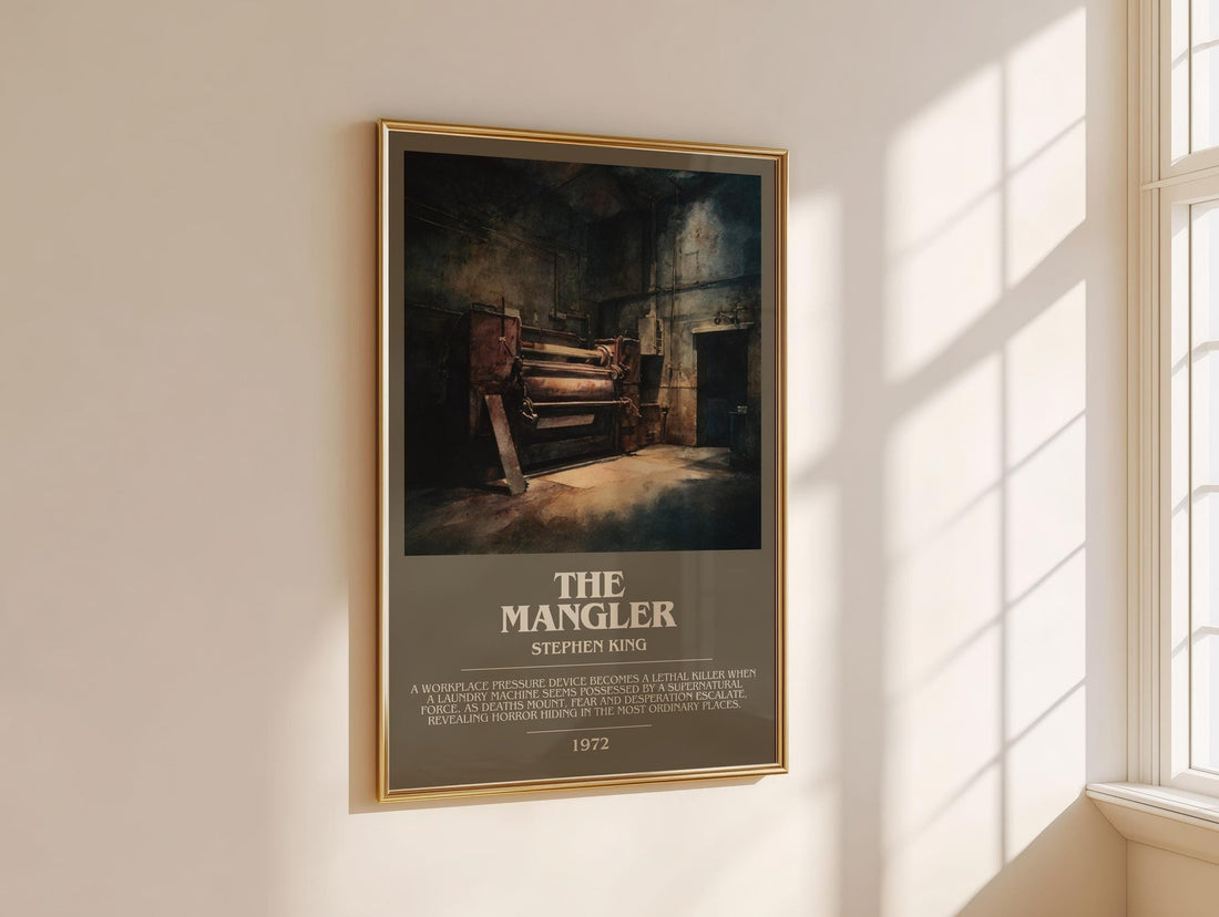The Mangler bookish book poster framed on wall – horror wall art (mockup)