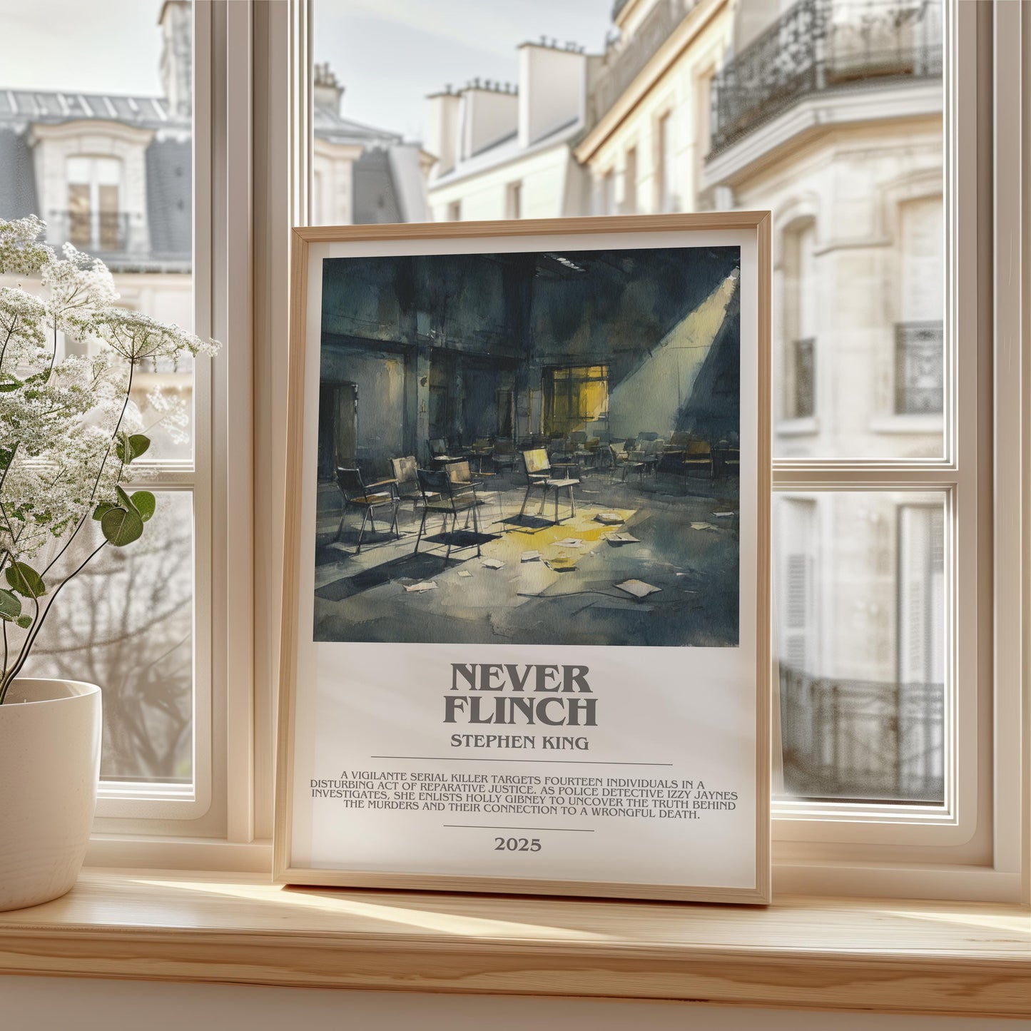 Never Flinch bookish print framed by window – literary home decor