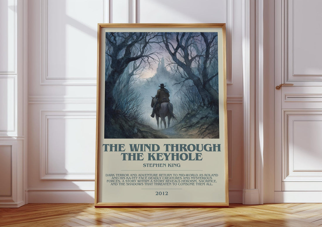 The Wind Through The Keyhole bookish print in frame leaning in hallway – fantasy wall art (mockup)