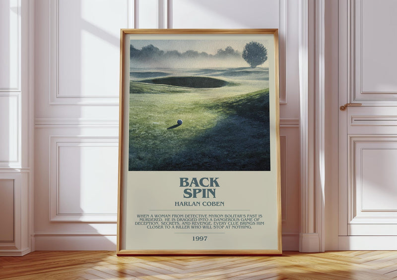 Back Spin bookish print in frame leaning in hallway – thriller wall art