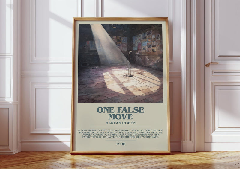 One False Move bookish print in frame leaning in hallway – thriller wall art