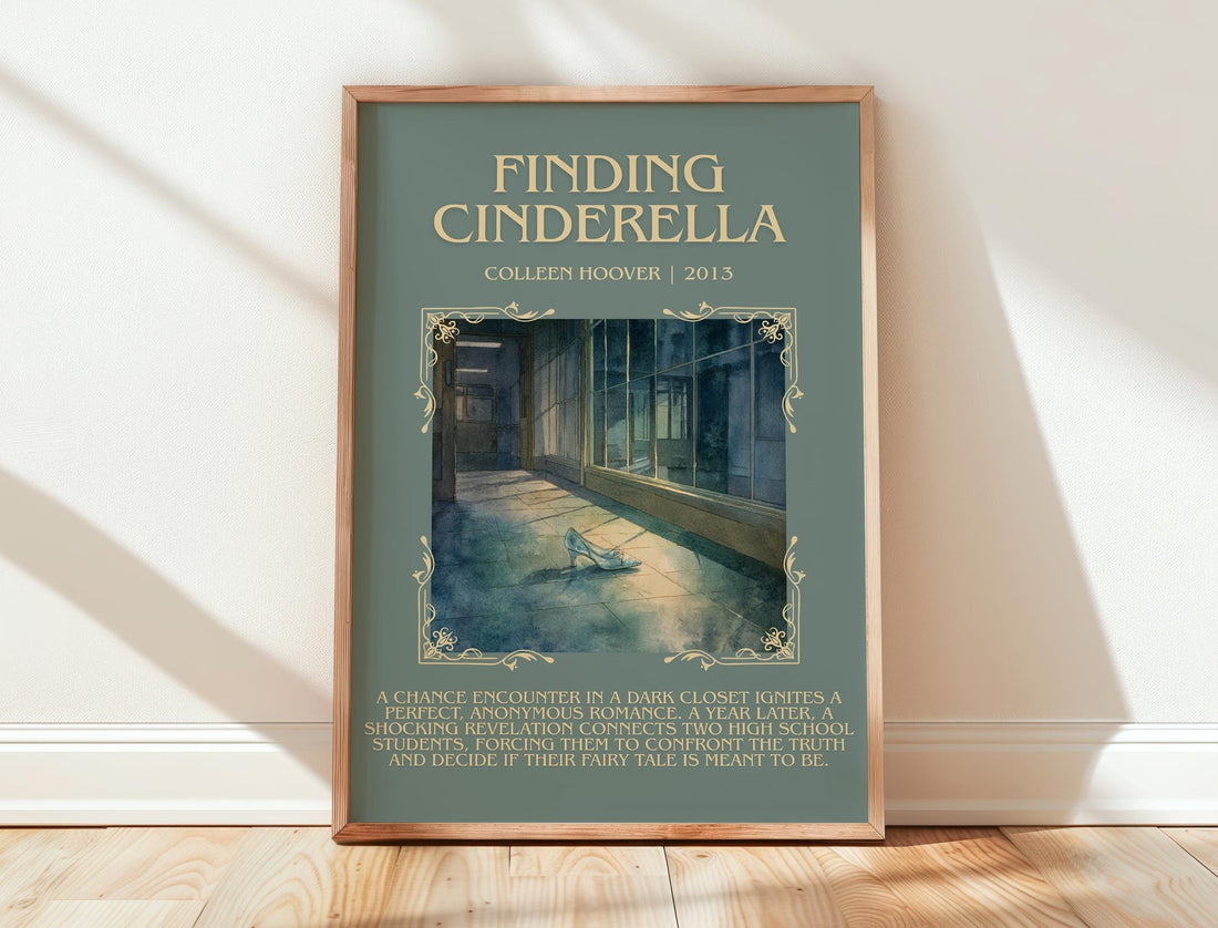 Finding Cinderella minimalist print in frame leaning in hallway – romance wall art (mockup)