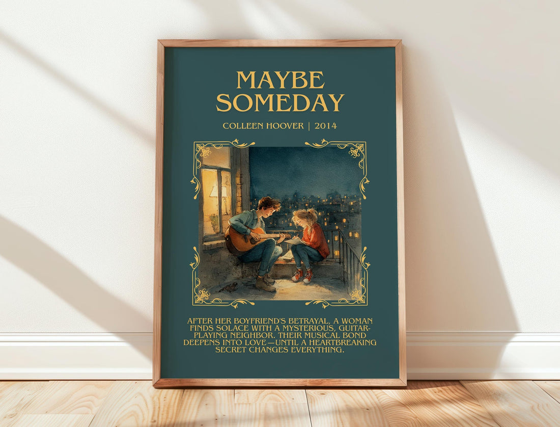 Maybe Someday minimalist print in frame leaning in hallway – romance wall art (mockup)