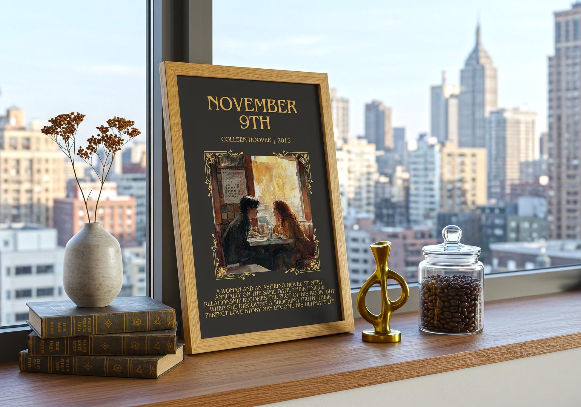 November 9 minimalist print framed by window – literary home decor