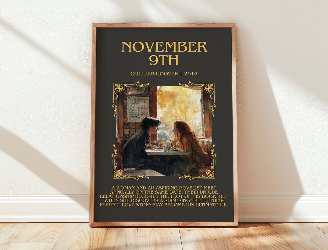 November 9 minimalist print in frame leaning in hallway – romance wall art (mockup)