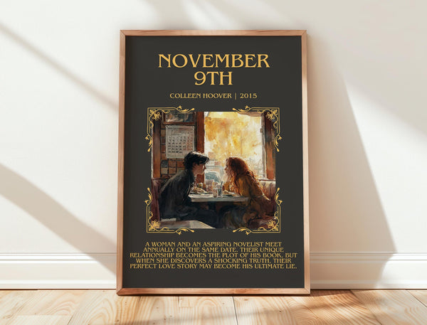 November 9 minimalist print in frame leaning in hallway – romance wall art
