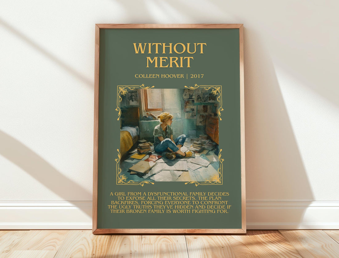 Without Merit minimalist print in frame leaning in hallway – contemporary fiction wall art (mockup)