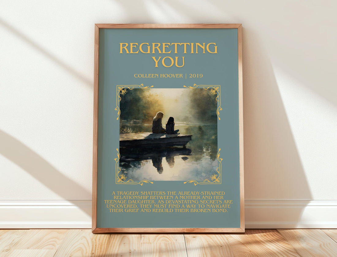 Regretting You minimalist print in frame leaning in hallway – romance wall art (mockup)
