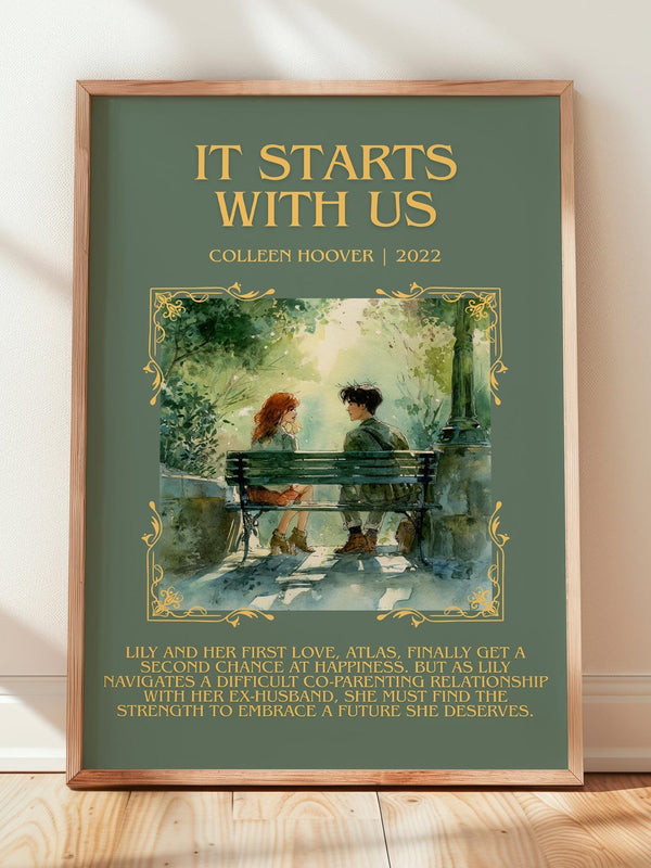 It Starts With Us minimalist print in frame leaning in hallway – romance wall art