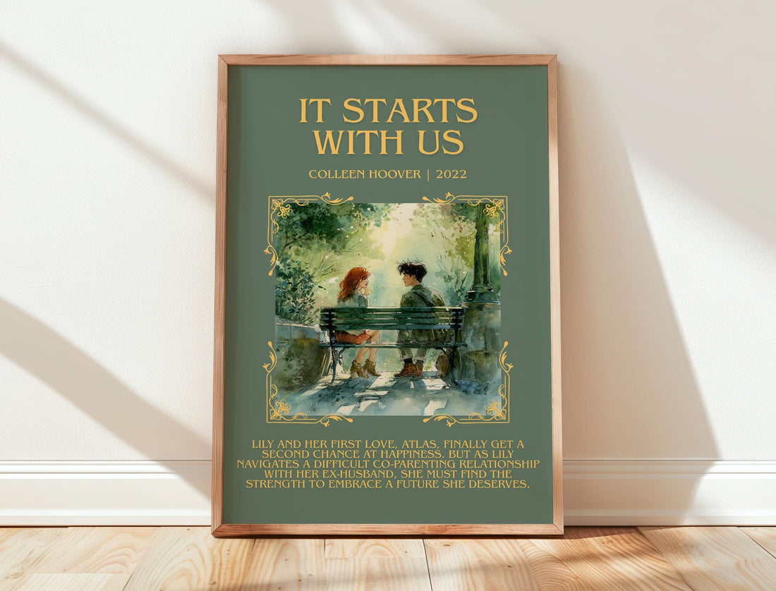 It Starts With Us minimalist print in frame leaning in hallway – romance wall art (mockup)