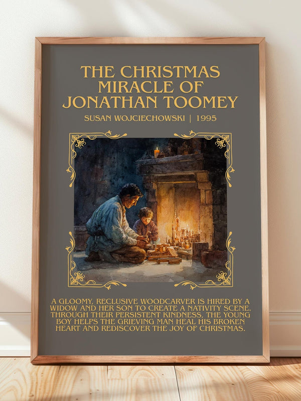 The Christmas Miracle of Jonathan Toomey minimalist print in frame leaning in hallway – childrens wall art
