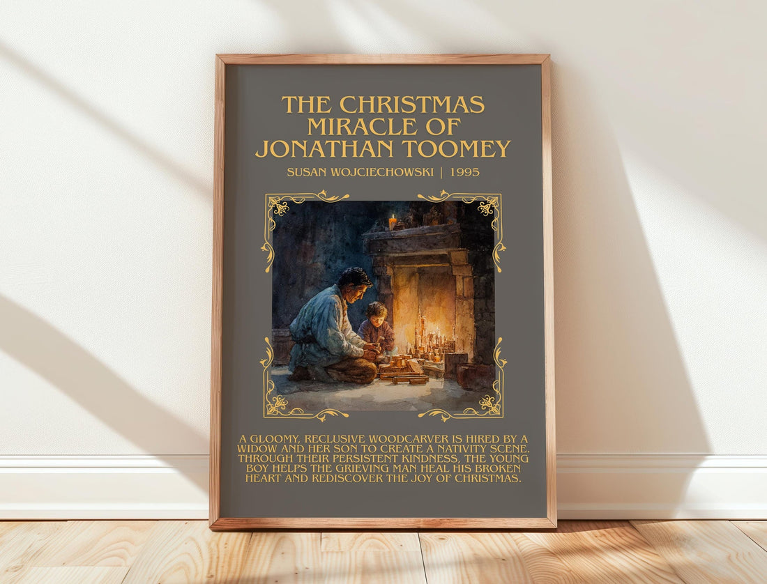 The Christmas Miracle of Jonathan Toomey minimalist print in frame leaning in hallway – childrens wall art (mockup)