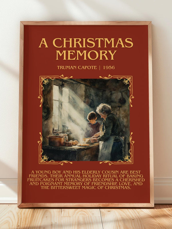 A Christmas Memory minimalist print in frame leaning in hallway – literary fiction wall art