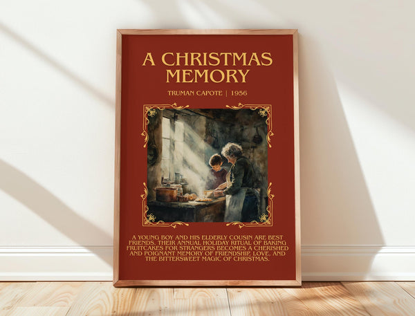 A Christmas Memory minimalist print in frame leaning in hallway – literary fiction wall art
