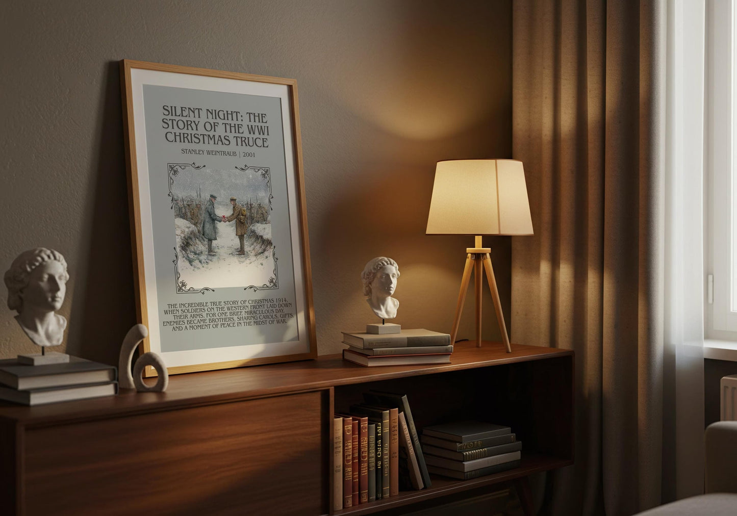 Silent Night: The Story of the World War I Christmas Truce minimalist print on bookshelf – Stanley Weintraub fan gift