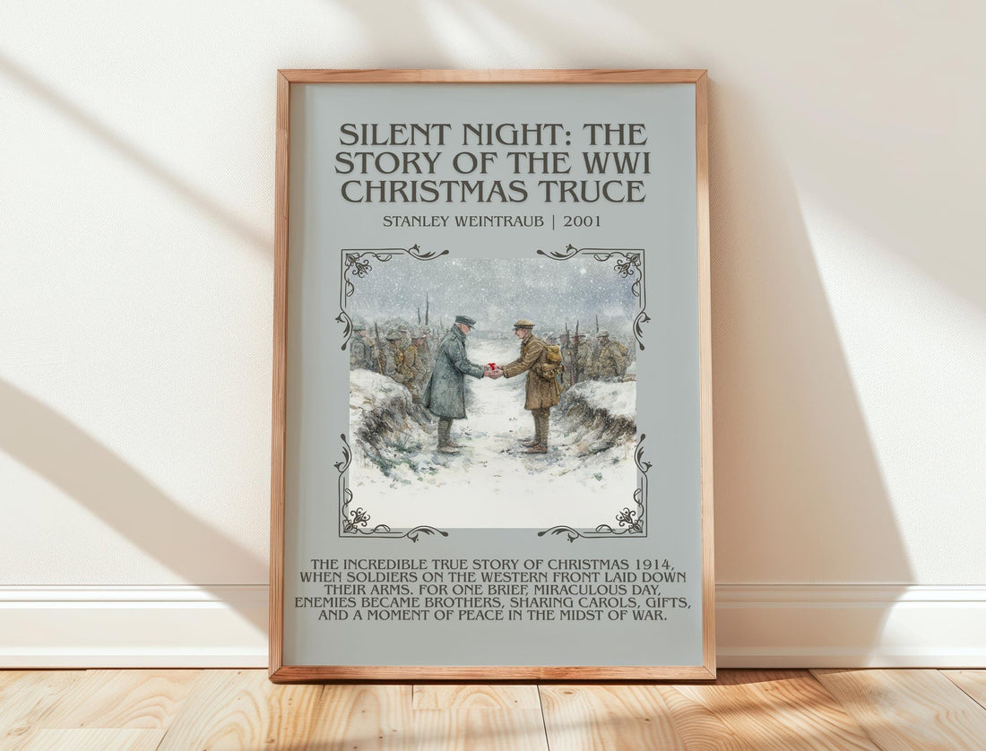 Silent Night: The Story of the World War I Christmas Truce minimalist print in frame leaning in hallway – non fiction wall (mockup)