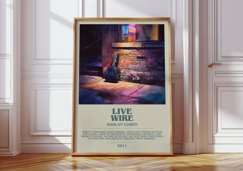 Live Wire bookish print in frame leaning in hallway – thriller wall art