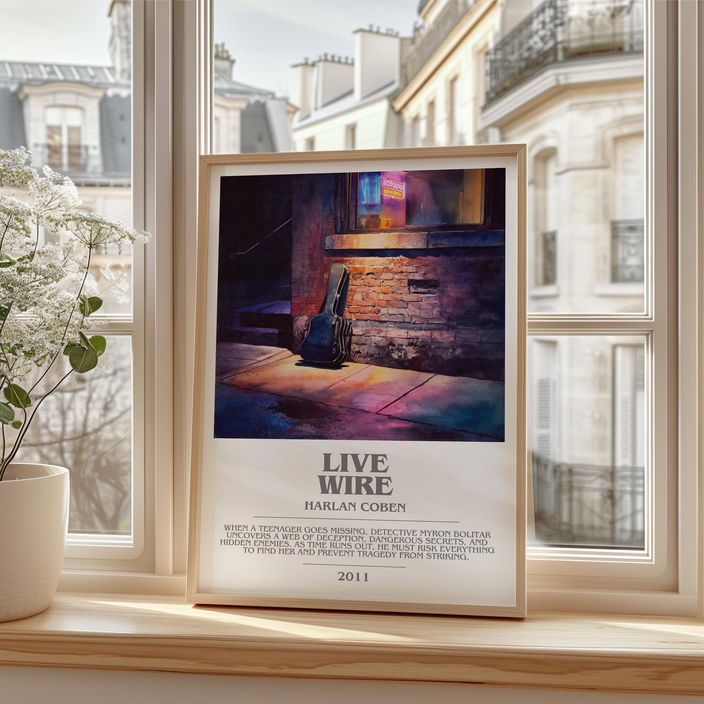 Live Wire bookish print framed by window – literary home decor