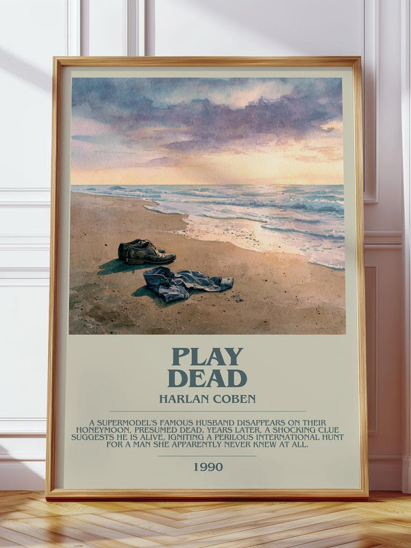 Play Dead bookish print in frame leaning in hallway – thriller wall art