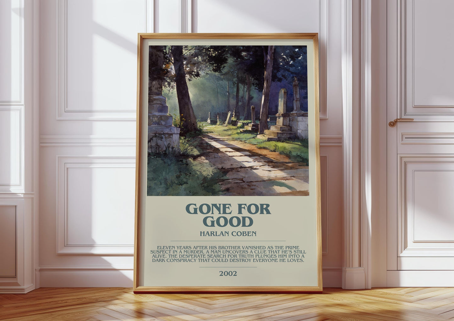 Gone for Good bookish print in frame leaning in hallway – thriller wall art