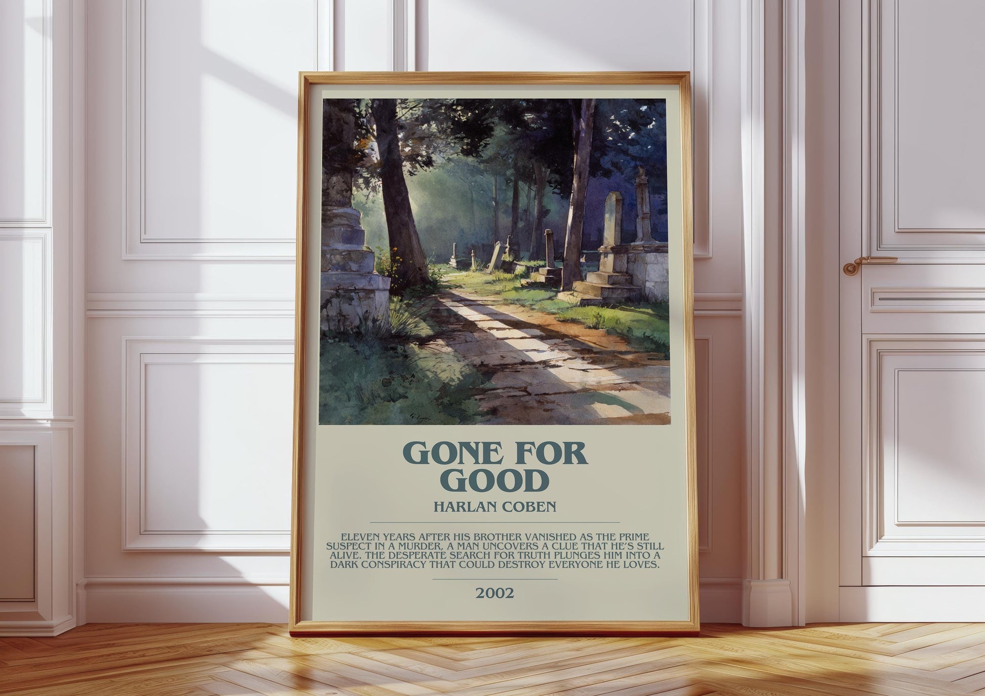 Gone for Good bookish print in frame leaning in hallway – thriller wall art