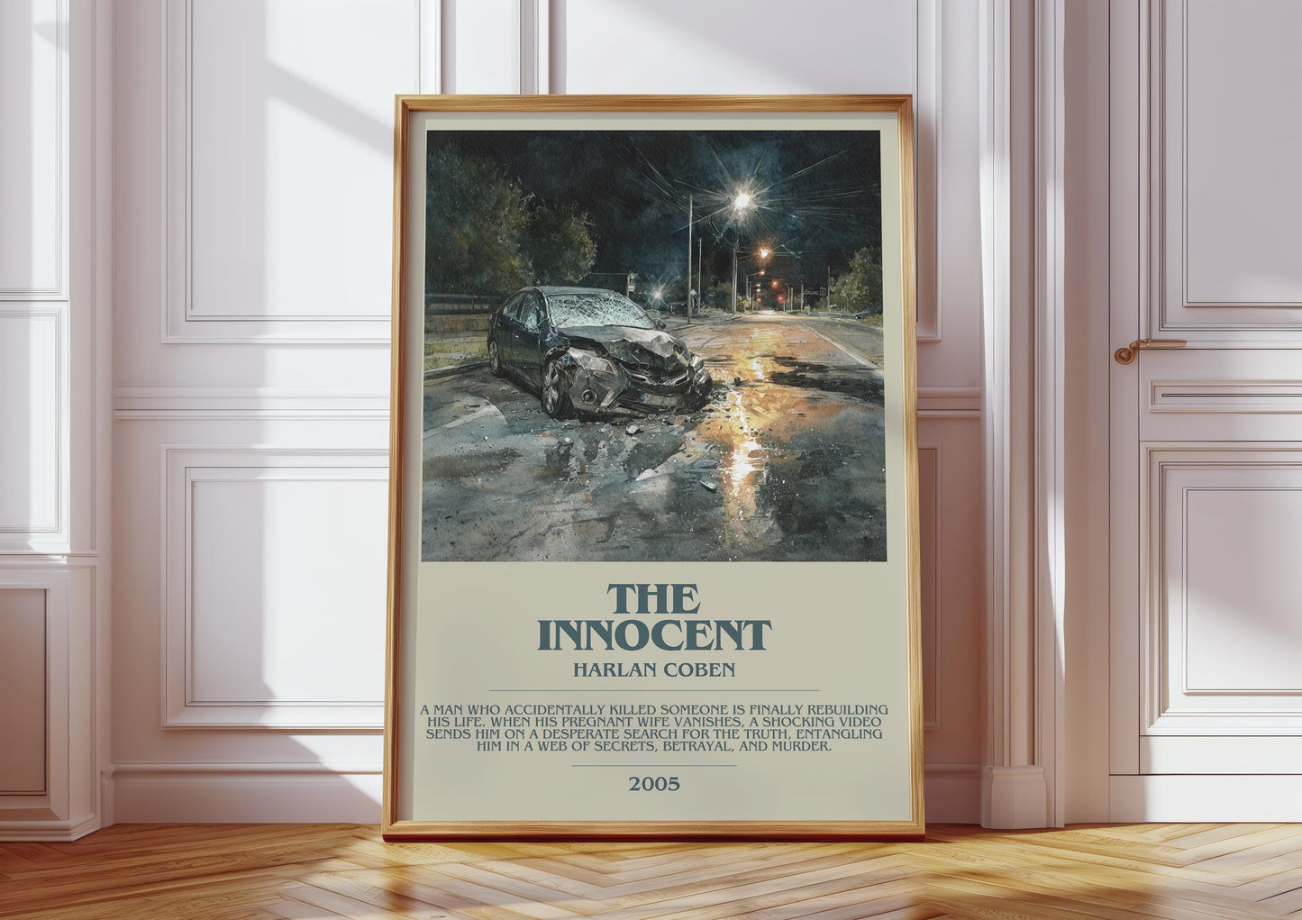 The Innocent bookish print in frame leaning in hallway – thriller wall art