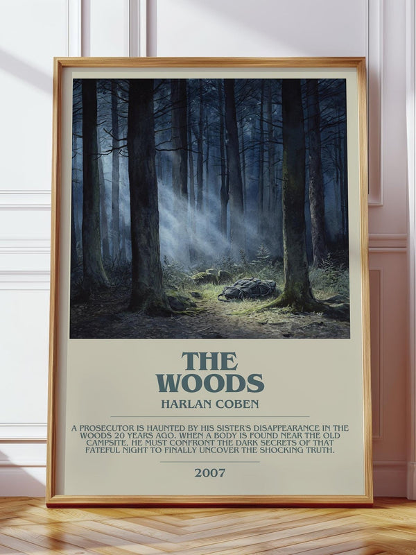 The Woods bookish print in frame leaning in hallway – thriller wall art